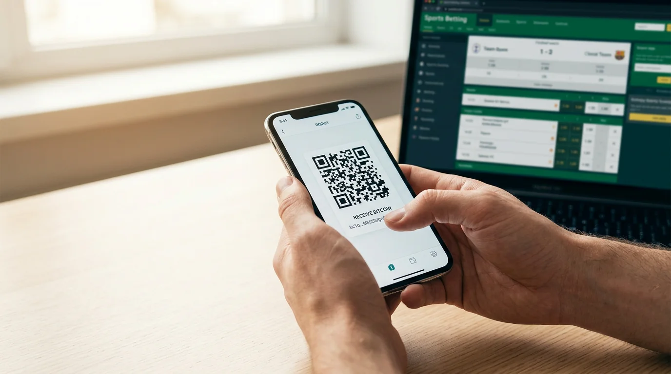 Configurar carteira digital para apostas bitcoin — pessoa a usar telemóvel com aplicação de carteira cripto