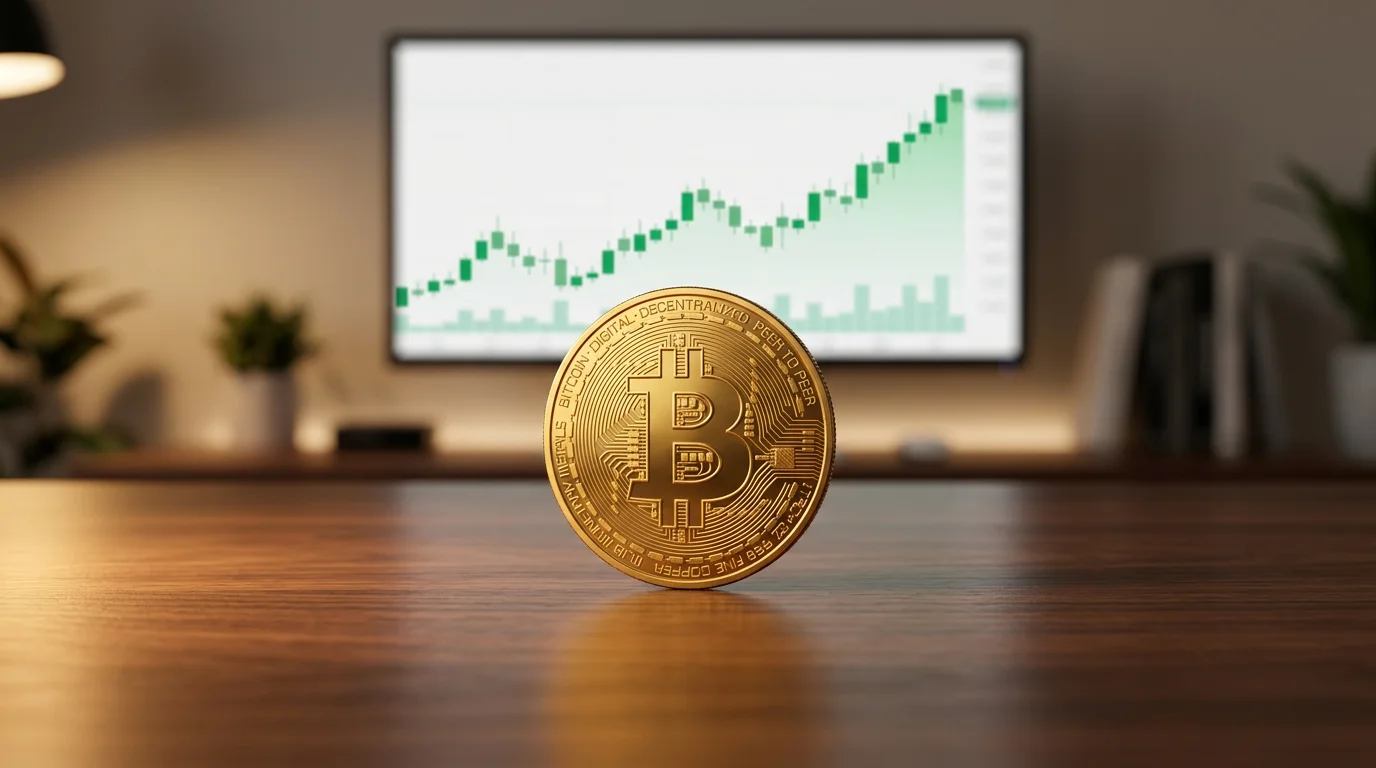 Apostar bitcoin em Portugal — moeda digital dourada sobre mesa de análise com ecrã de mercado cripto ao fundo