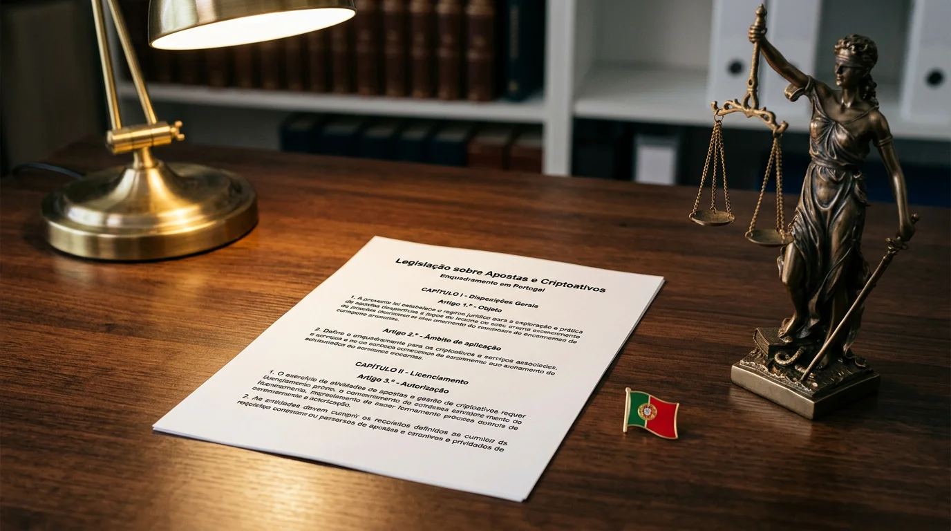 Legislação portuguesa sobre apostas bitcoin — documento jurídico do SRIJ com símbolo de regulação de jogo online