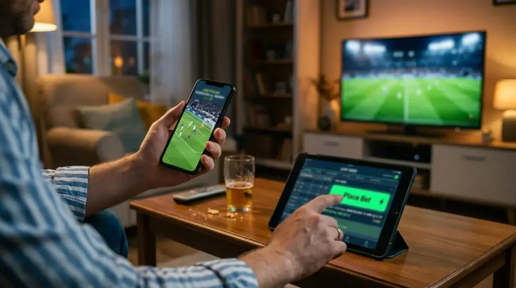 Pessoa a ver um jogo de futebol ao vivo no telemóvel enquanto faz uma aposta