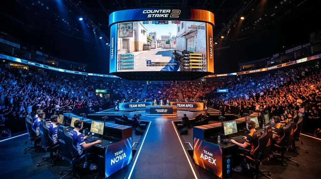 Competição de esports num palco com luzes neon e público ao vivo