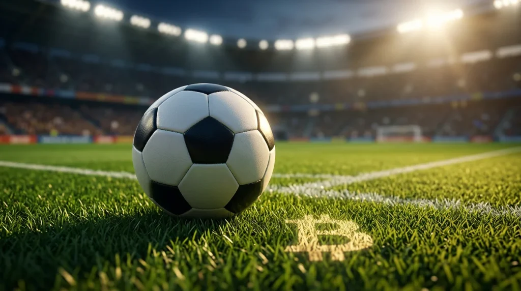 Bola de futebol num relvado verde com o símbolo do Bitcoin projetado no campo