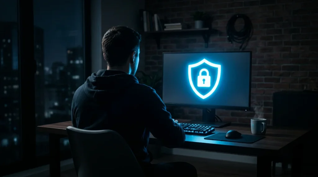 Silhueta de pessoa ao computador com um ícone de escudo de privacidade no ecrã