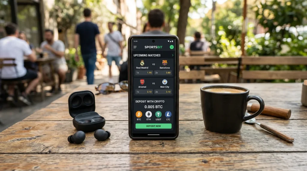 Telemóvel com interface de apostas desportivas cripto ao lado de uma carteira Bitcoin