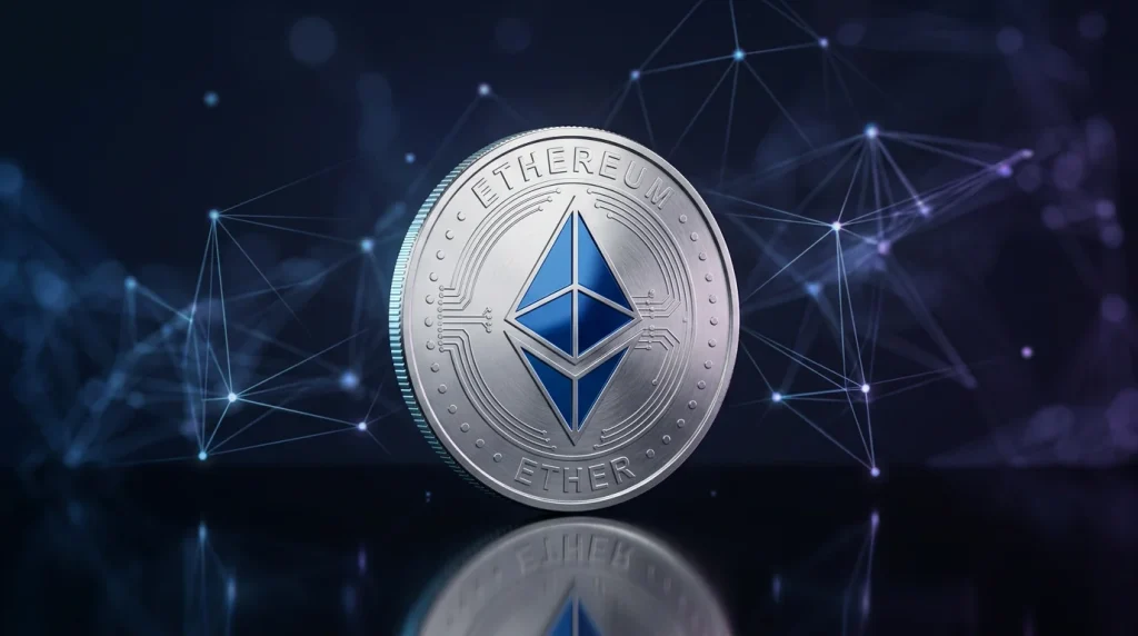 Moeda Ethereum sobre um fundo tecnológico com rede de nós conectados