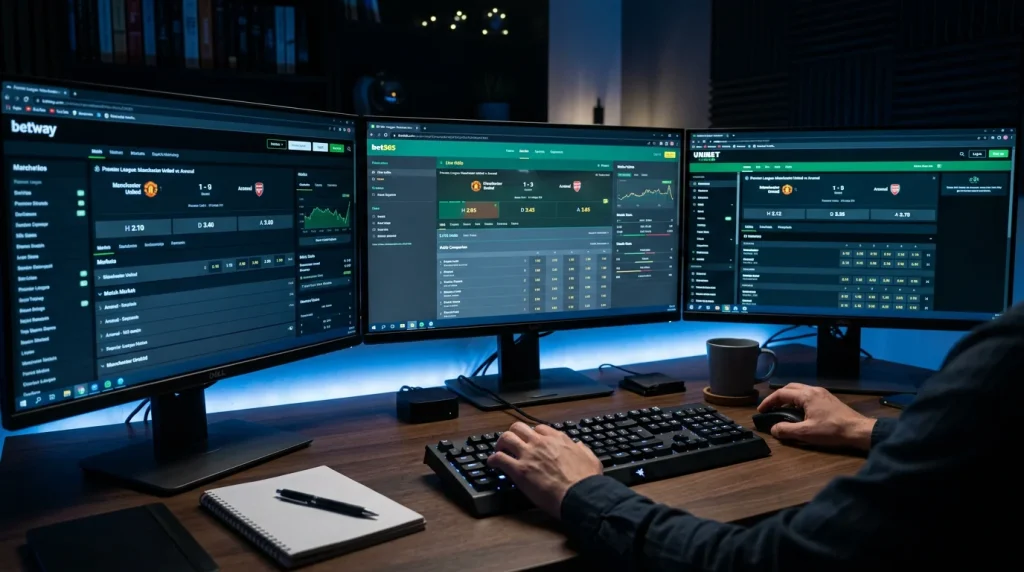 Múltiplos ecrãs a mostrar odds diferentes do mesmo evento desportivo