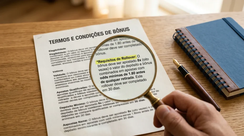 Documento de termos e condições de bónus com uma lupa sobre o texto de rollover