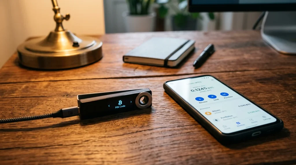 Hardware wallet Ledger ao lado de um telemóvel com carteira Bitcoin aberta