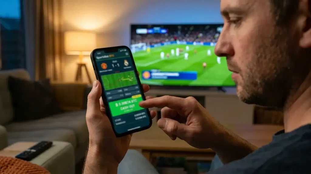 Ecrã de telemóvel com botão de cash out numa aposta ao vivo de futebol