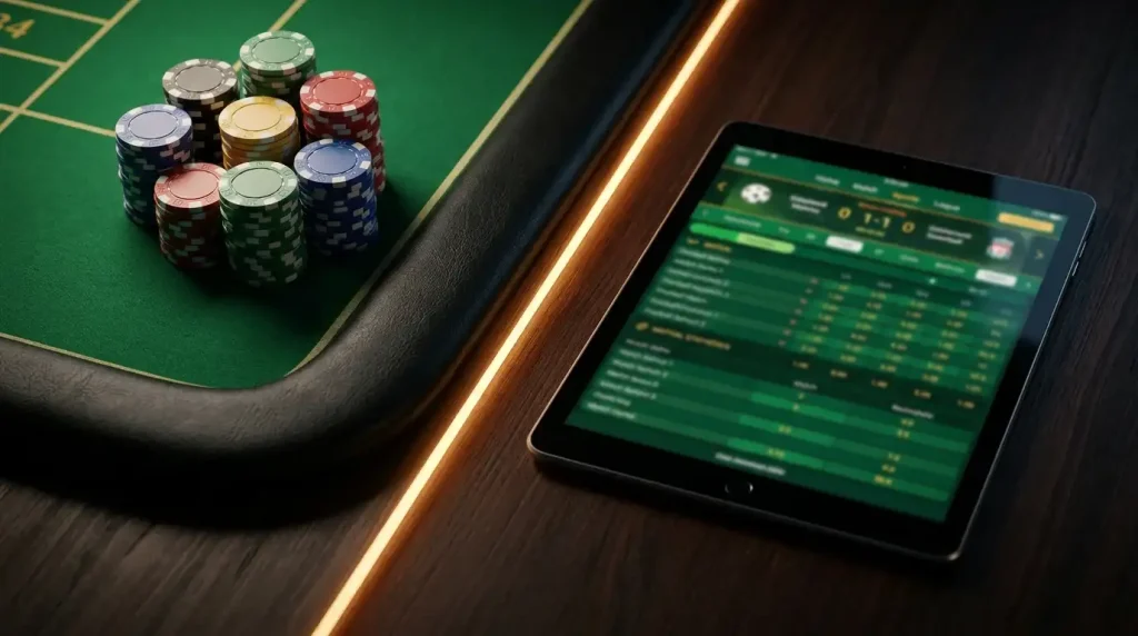 Mesa de casino com fichas de um lado e um ecrã de apostas desportivas do outro