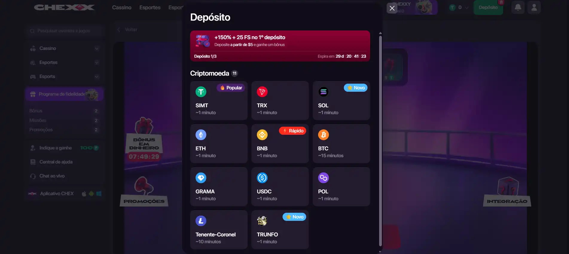Janela de depósito CHEXX com criptoativo rede e endereço da carteira