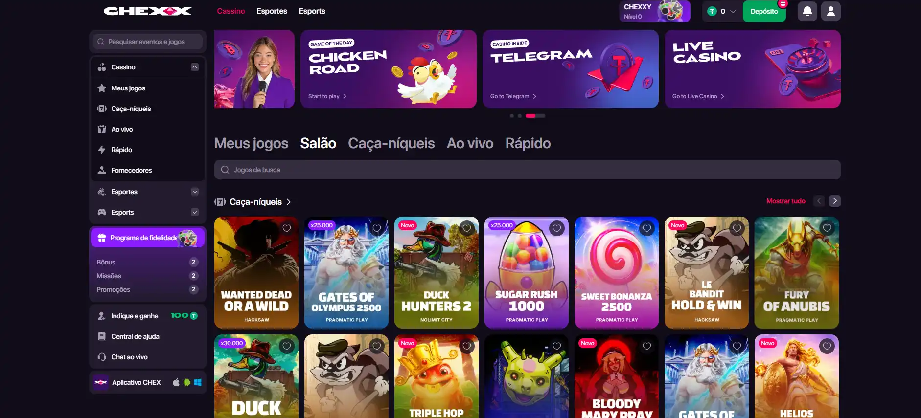 Lobby CHEXX com categorias filtros e vários jogos de casino
