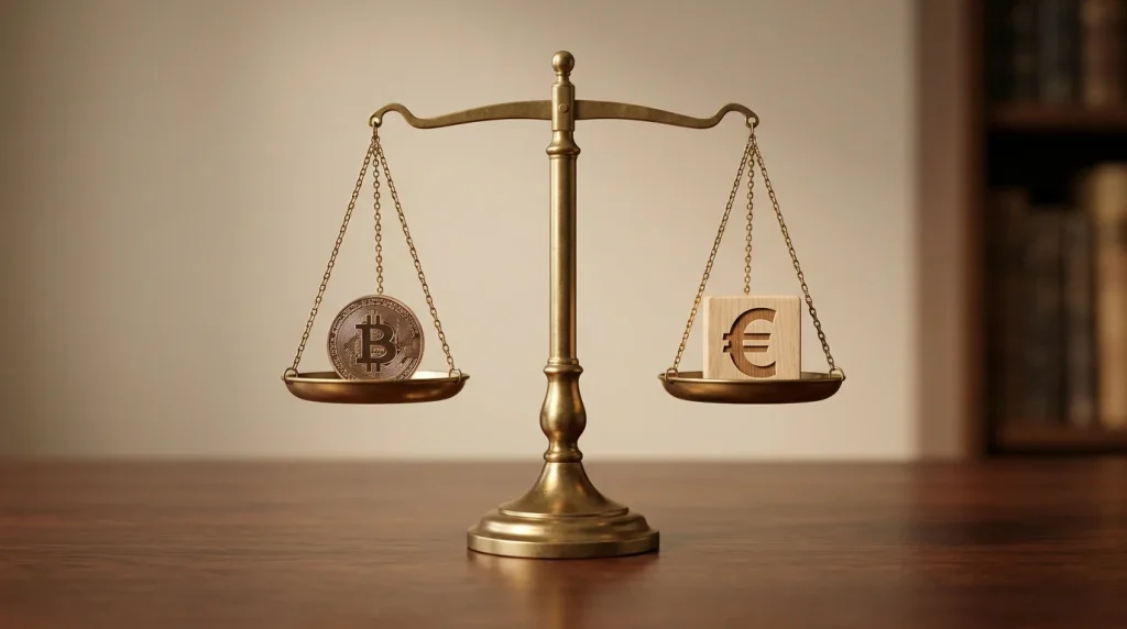 Balança a comparar uma moeda Bitcoin com notas de euro de forma simbólica