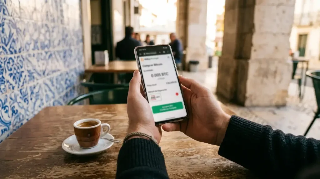 Pessoa a comprar Bitcoin no telemóvel com MB Way em Portugal
