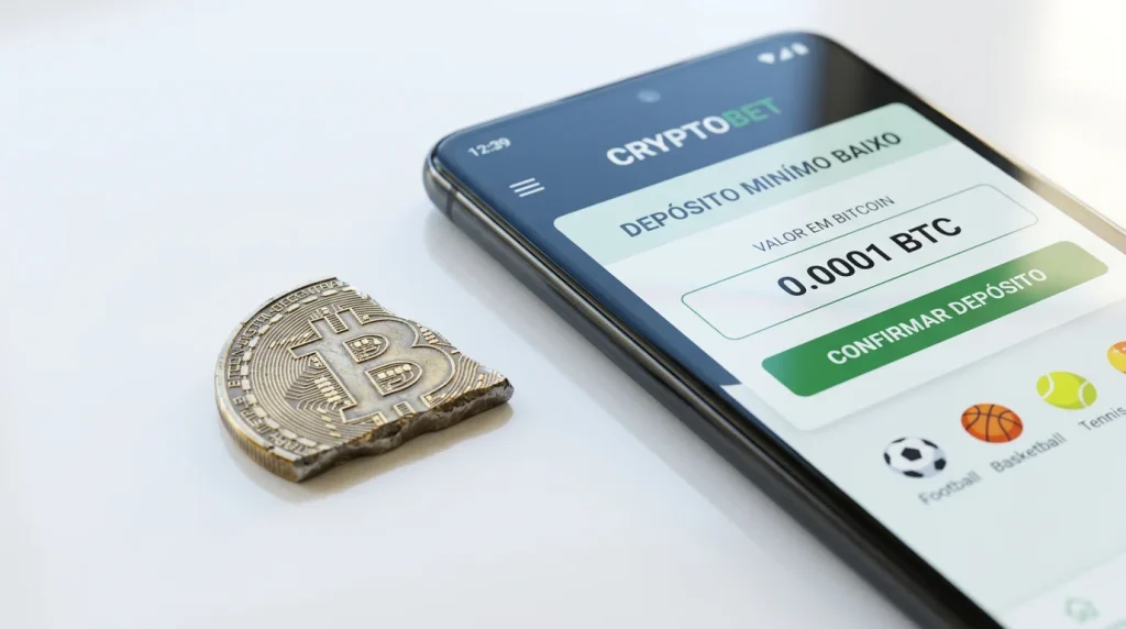 Pequena fração de moeda Bitcoin ao lado de um smartphone com app de apostas