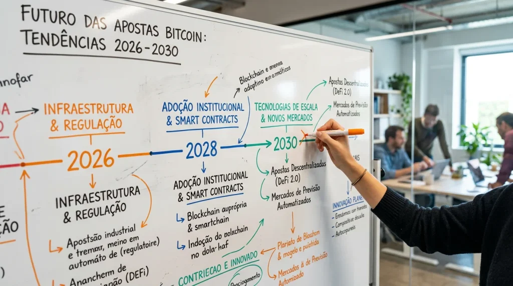 Linha do tempo visual com marcos de evolução das apostas cripto até 2030