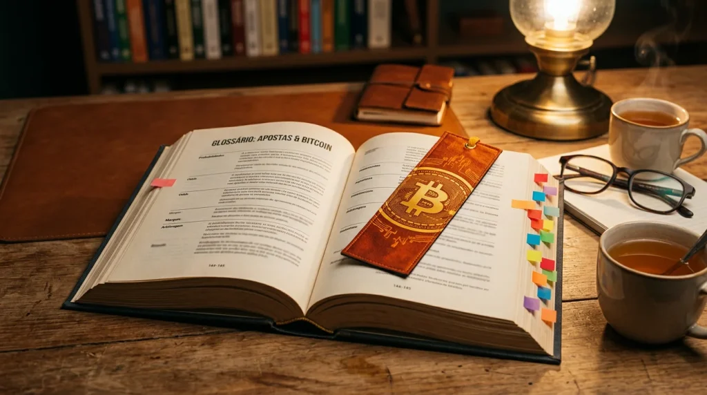 Livro aberto com termos de blockchain e apostas destacados num marcador