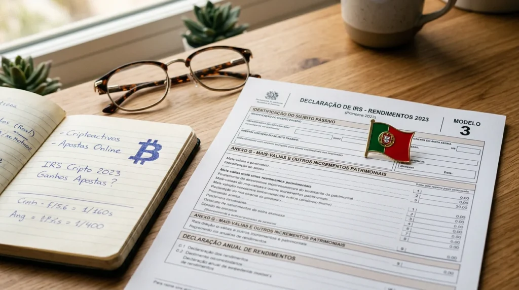 Documento fiscal português com o símbolo do Bitcoin e uma bandeira de Portugal
