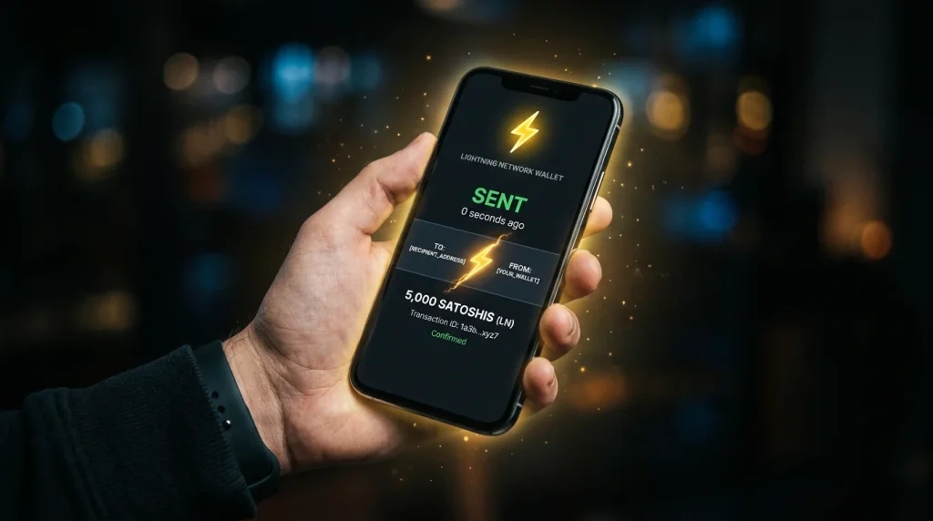 Telemóvel com carteira Lightning Network a processar um pagamento instantâneo