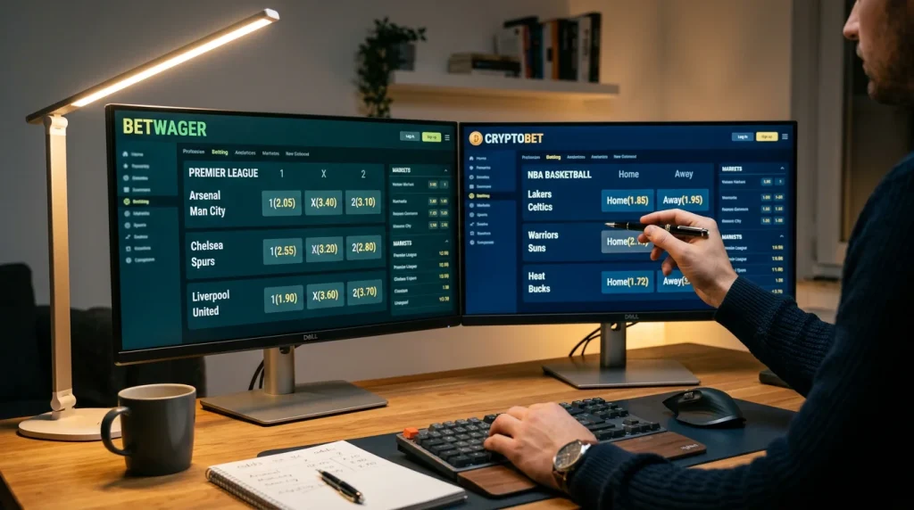 Dois ecrãs de computador lado a lado a comparar odds de apostas desportivas