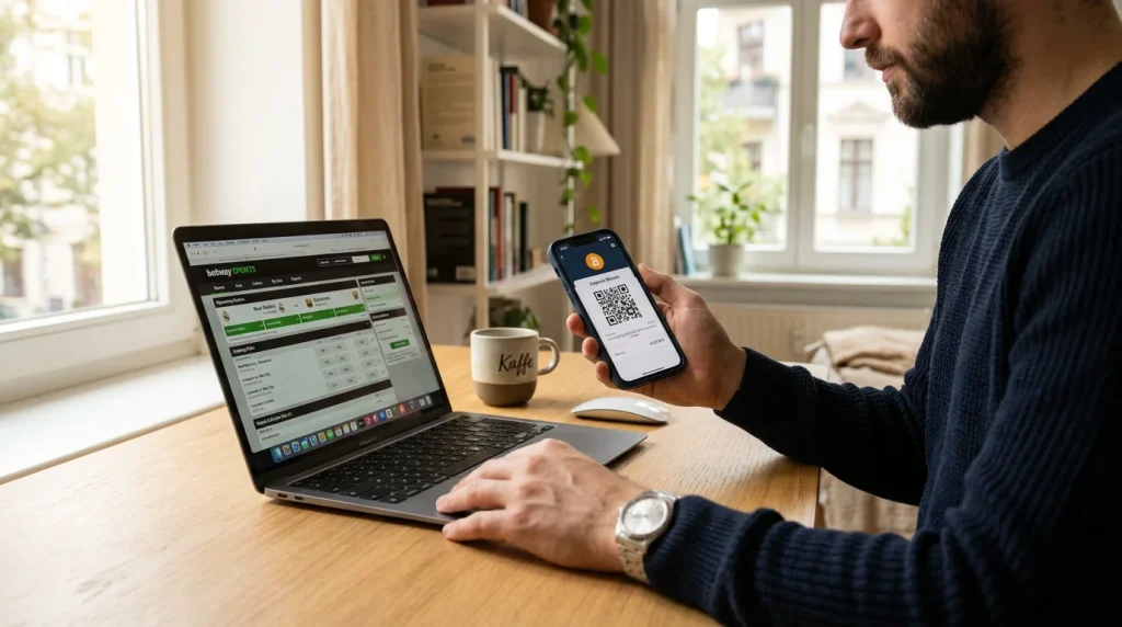 Pessoa a enviar Bitcoin pelo telemóvel para uma casa de apostas online