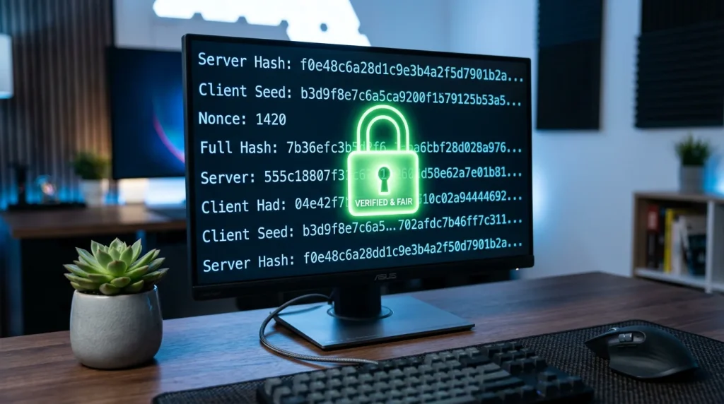 Ecrã de computador com código hash e um cadeado digital de verificação