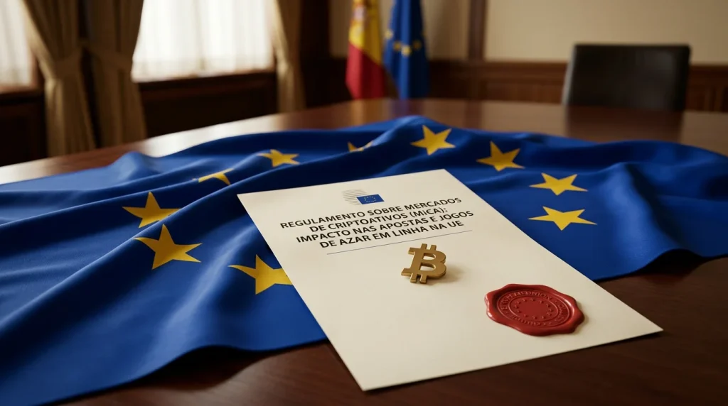 Bandeira da União Europeia com o símbolo de criptomoeda e um documento regulatório