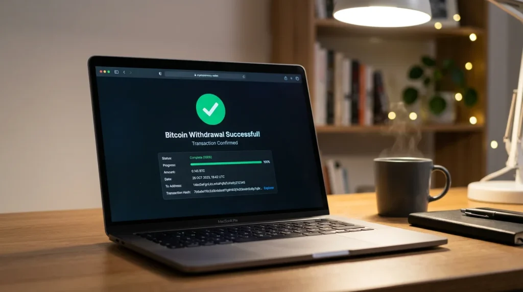 Ecrã de computador a mostrar uma transação de saque Bitcoin confirmada