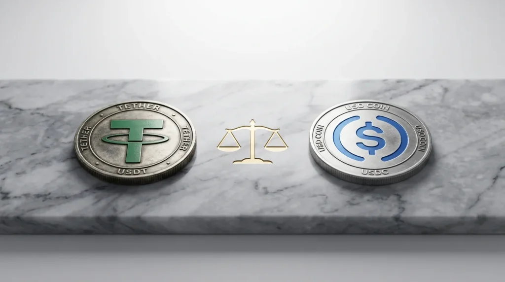 Moedas digitais USDT e USDC lado a lado com um símbolo de estabilidade