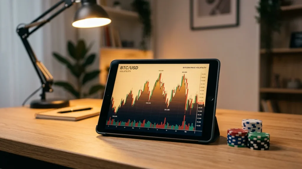 Gráfico de oscilação do preço do Bitcoin com fichas de apostas ao lado